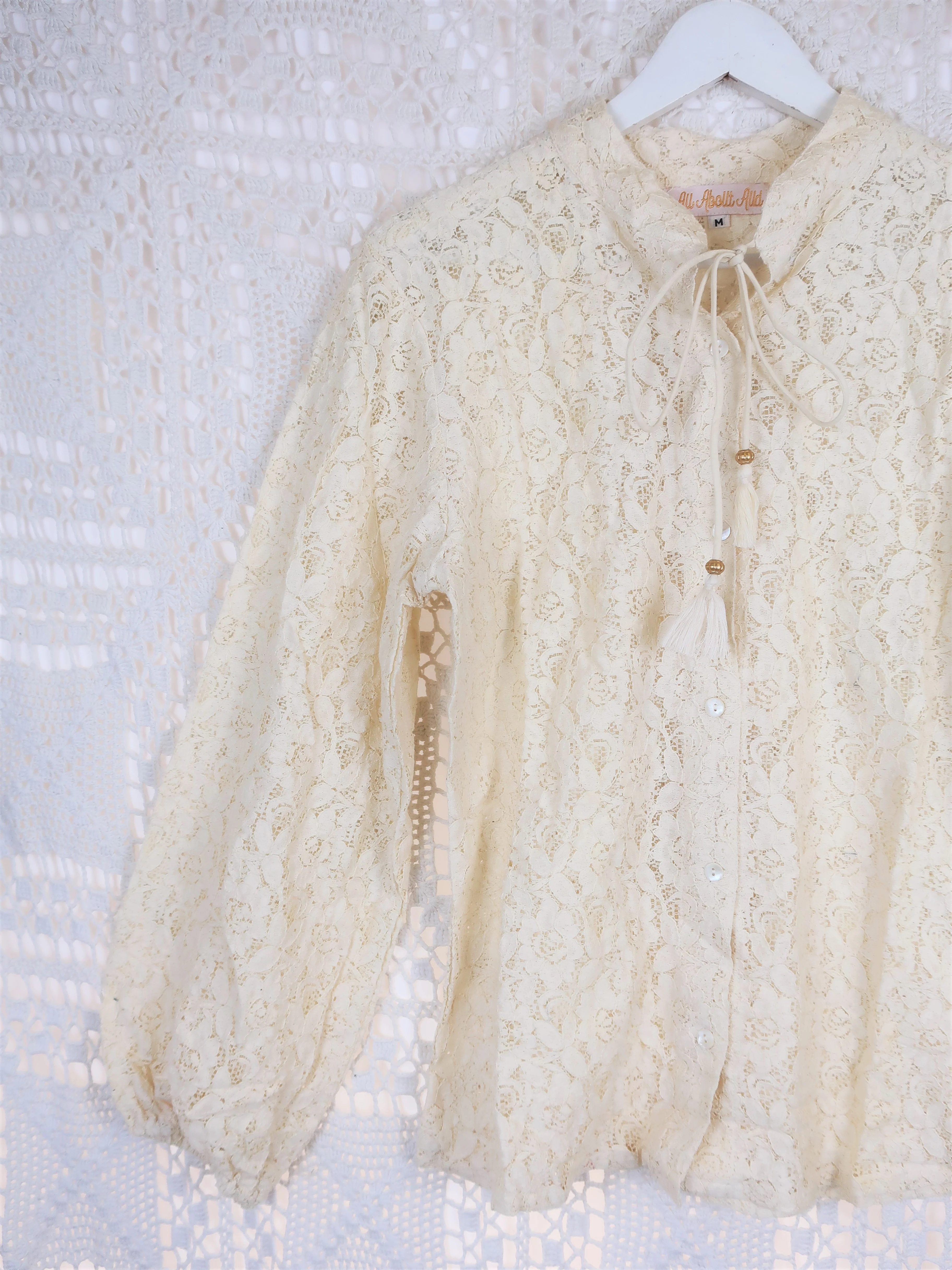 Vintage Boho Top - Cream Floral Lace Blouse - Image 2