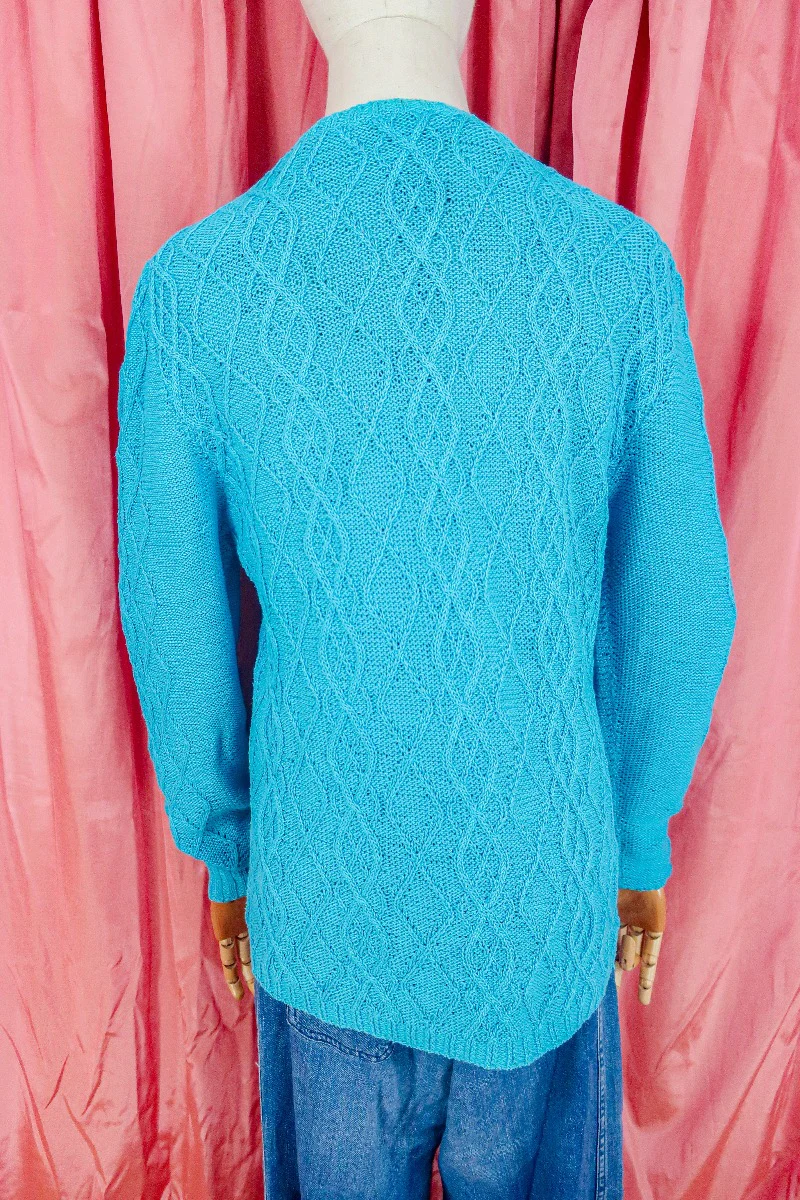 Vintage Jumper - Electric Cerulean Blue Cable Knit - Size S/M - Image 3
