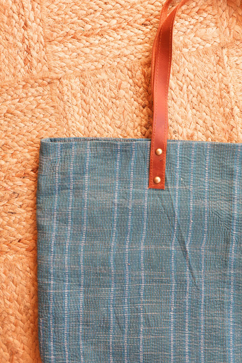 Vintage Kantha Large Shopper Bag in Dark Teal Stripe - Image 2