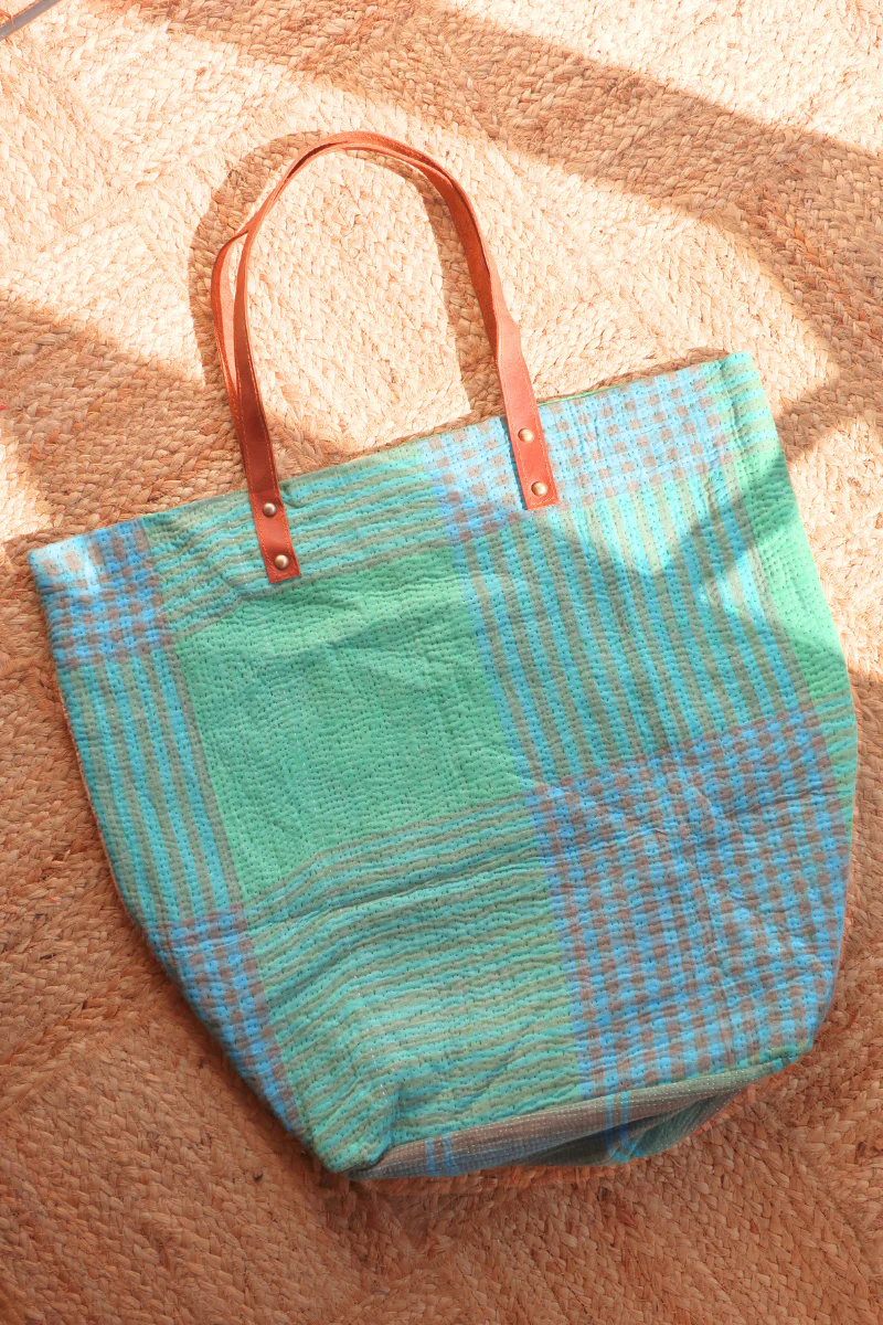 Vintage Kantha Large Shopper Bag in Sea Green Tartan