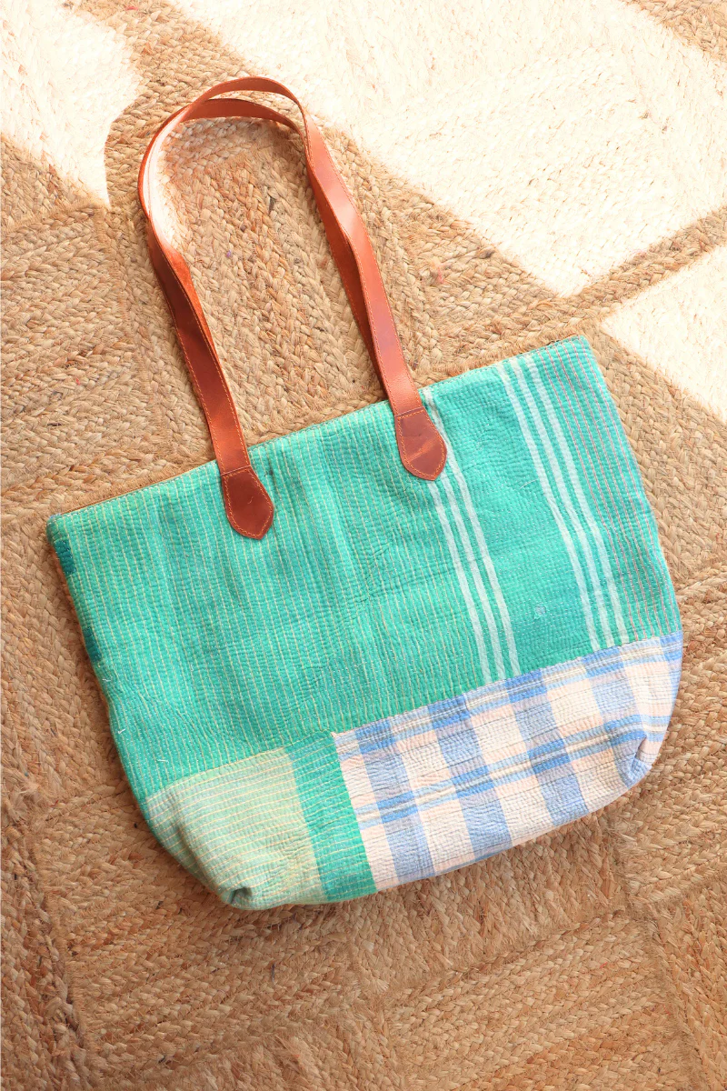 Vintage Kantha Leather Strap Tote Bag in Jade & Sky Plaid