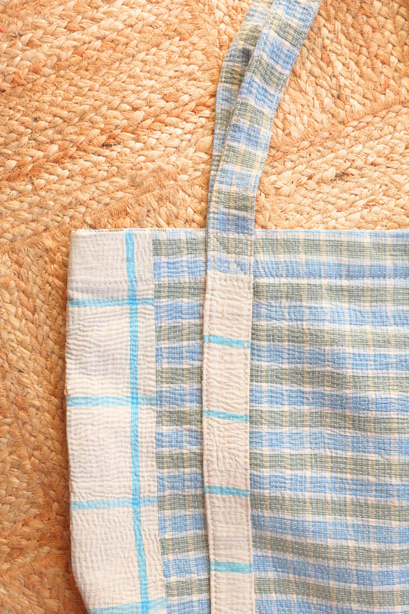 Vintage Kantha Tote Bag in Sky and Grey Small Check - Image 2