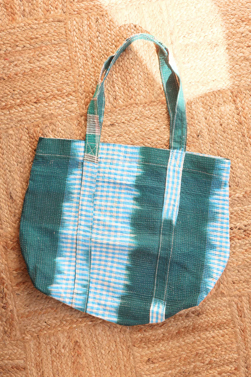 Vintage Kantha Tote Bag in Teal and Azure Gingham