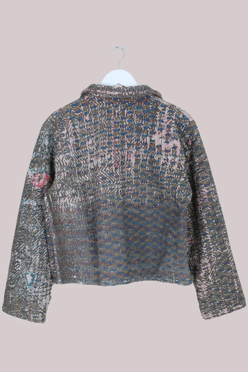 Vintage Kantha Worker Jacket in Distressed Cocoa Tweed - Size S/M - Image 3