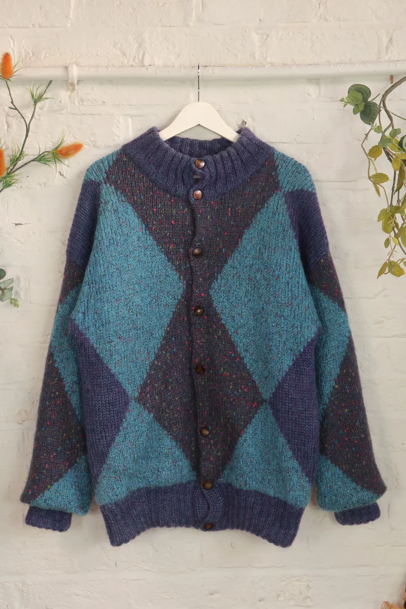 Vintage Knit Cardigan - Deep Sea Argyle - Size XXL