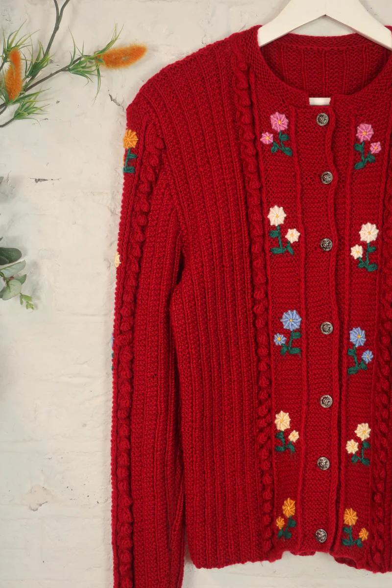 Vintage Knit Cardigan - Strawberry Red Wildflowers - Size S/M - Image 2