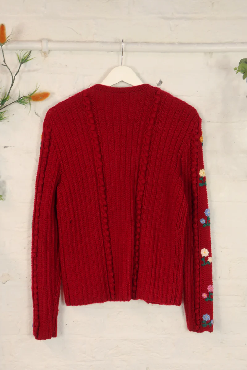 Vintage Knit Cardigan - Strawberry Red Wildflowers - Size S/M - Image 3