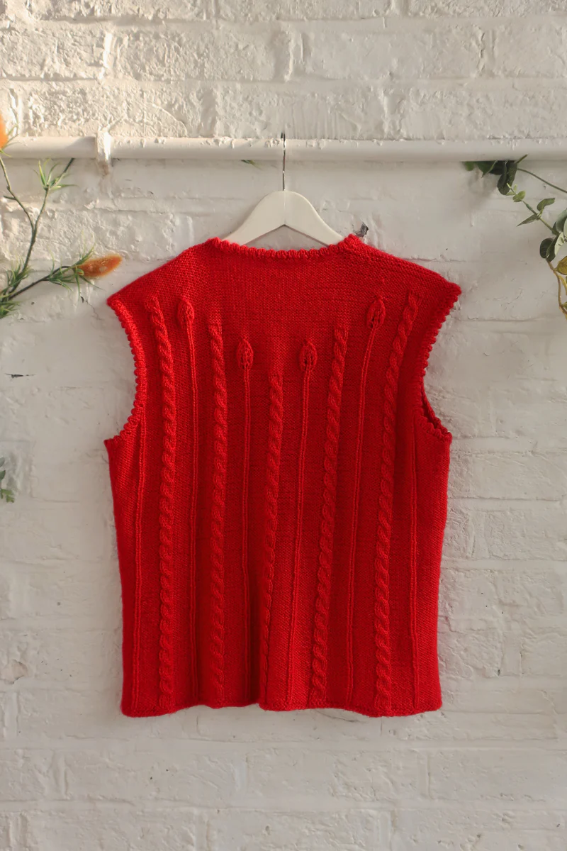 Vintage Knit Waistcoat - Candy Apple Cableknit - Size L - Image 3