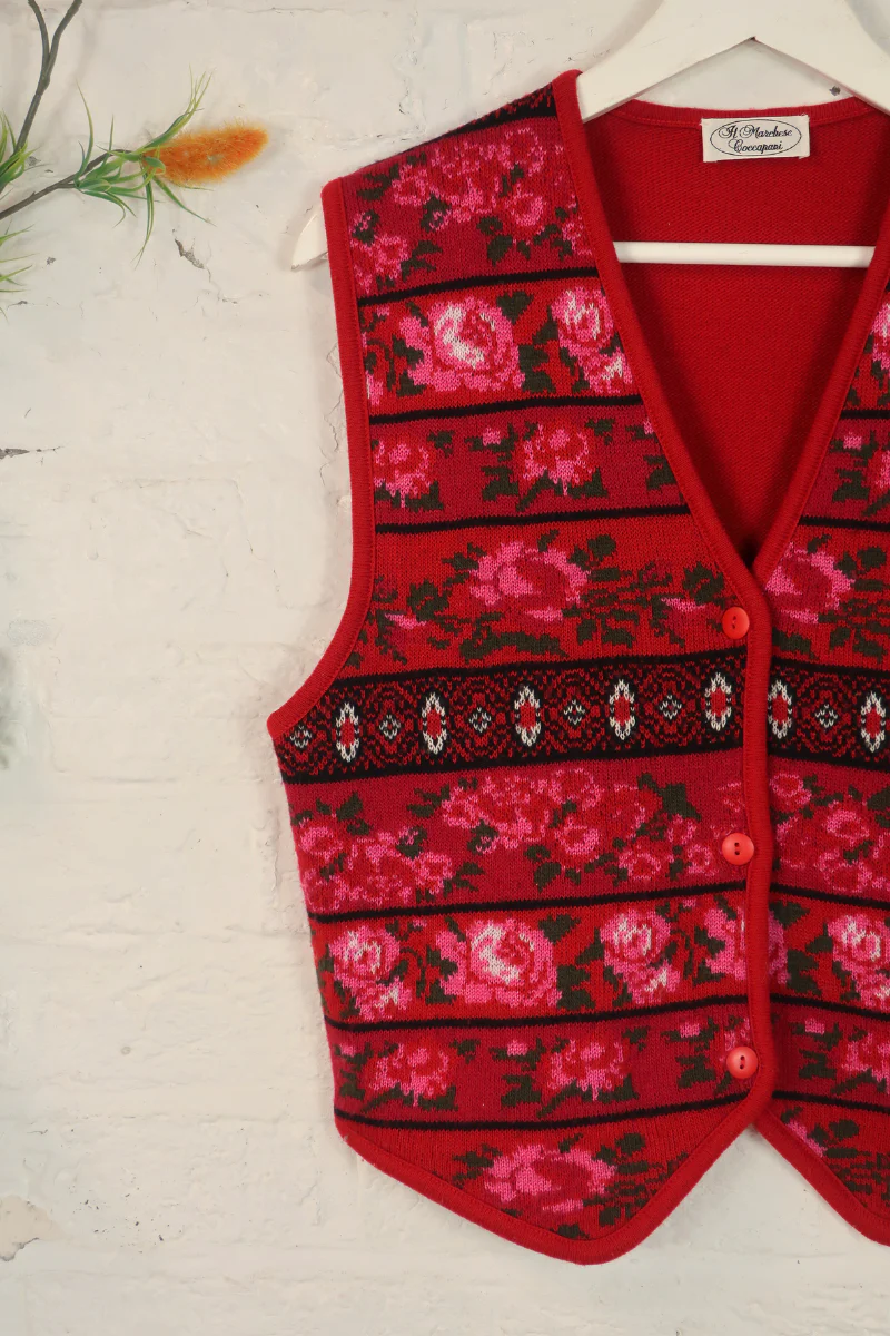 Vintage Knit Waistcoat - Scarlet Rose - Size M/L - Image 3