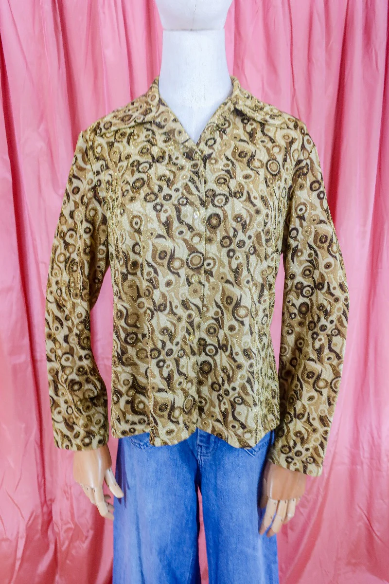 Vintage Shirt - Earth Tone & Gold Sparkle Swirl - Size S/M - Image 2