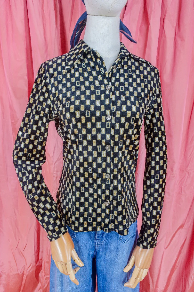 Vintage Shirt - Jet Black & Bronze Art Deco Print - Size S - Image 2