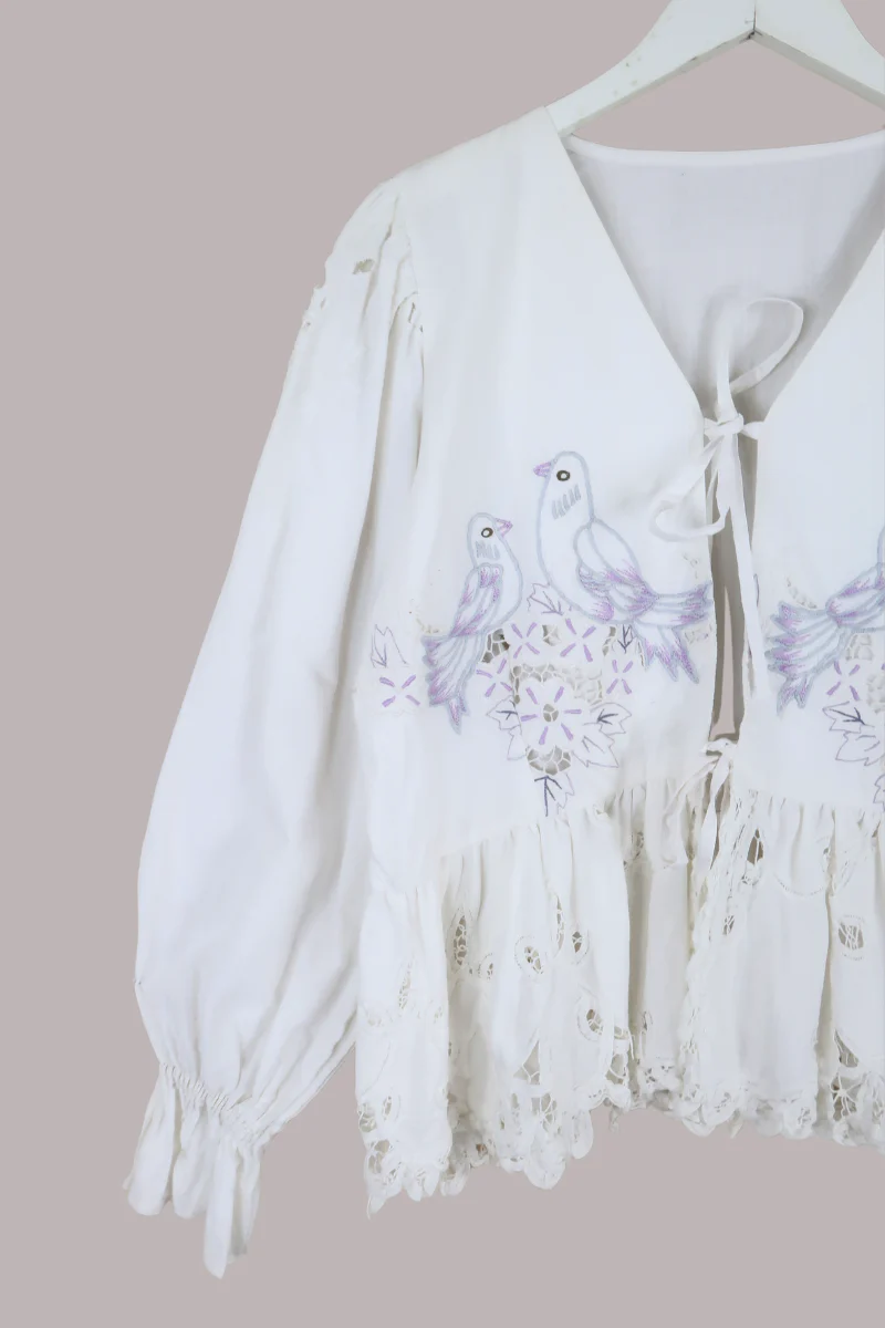 Vintage Tablecloth Peplum Blouse in Pigeon Song - Free Size - Image 3
