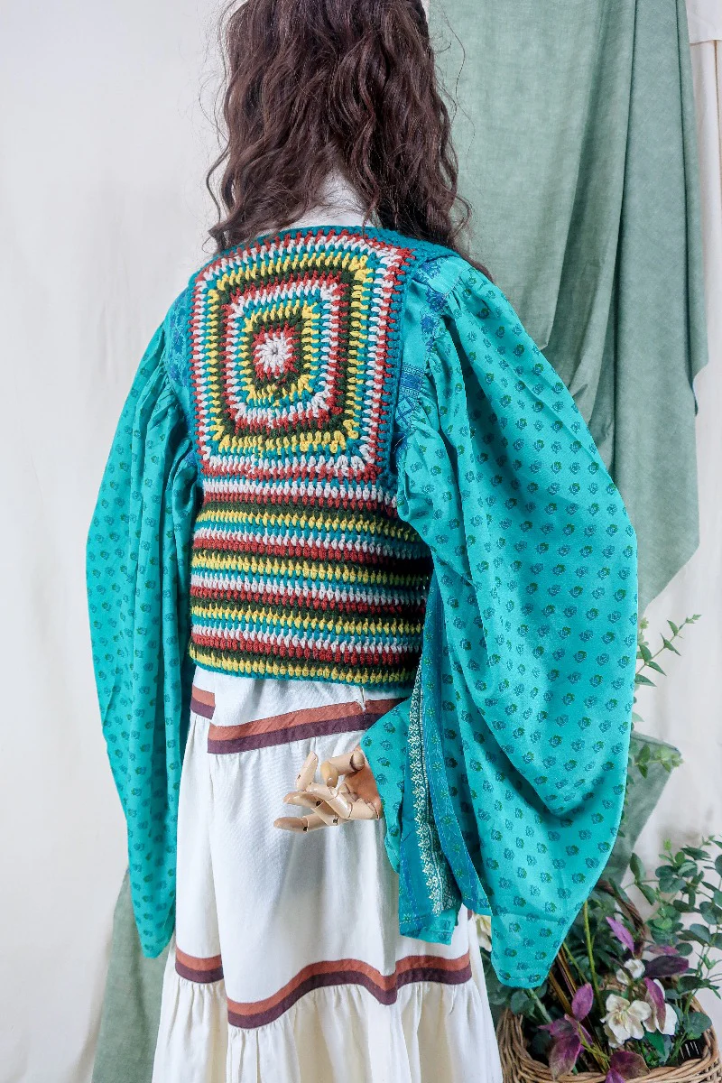 Vintage Waistcoat - Teal and Rust Crochet - Size XS - Image 2