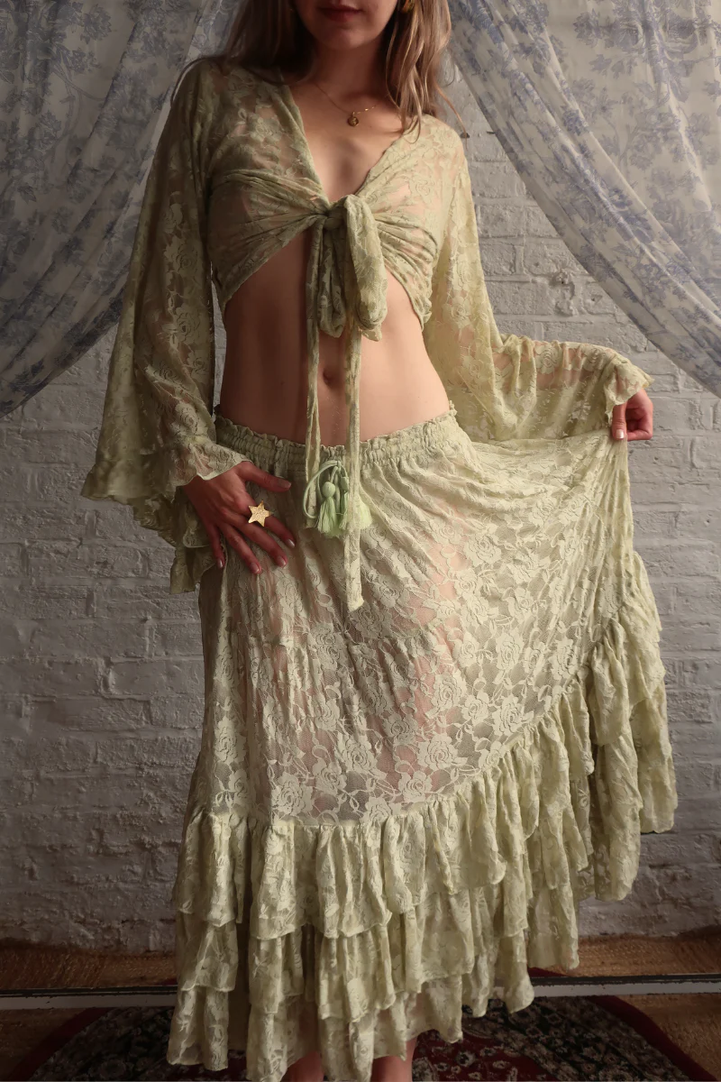 Wendy Maxi Skirt in Pistachio Green Chantilly Lace - Image 3