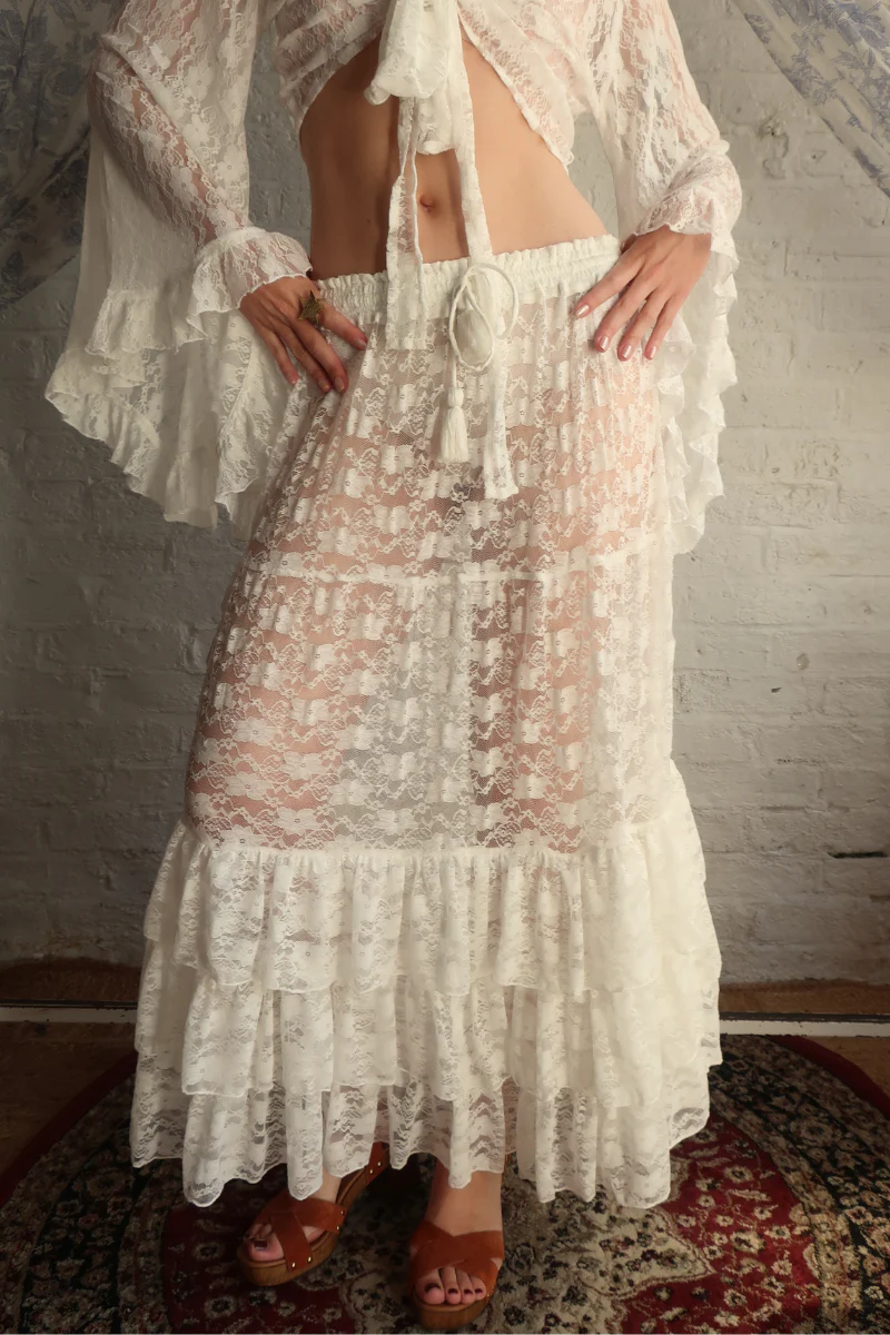 Wendy Maxi Skirt in White Swan Chantilly Lace - Image 3
