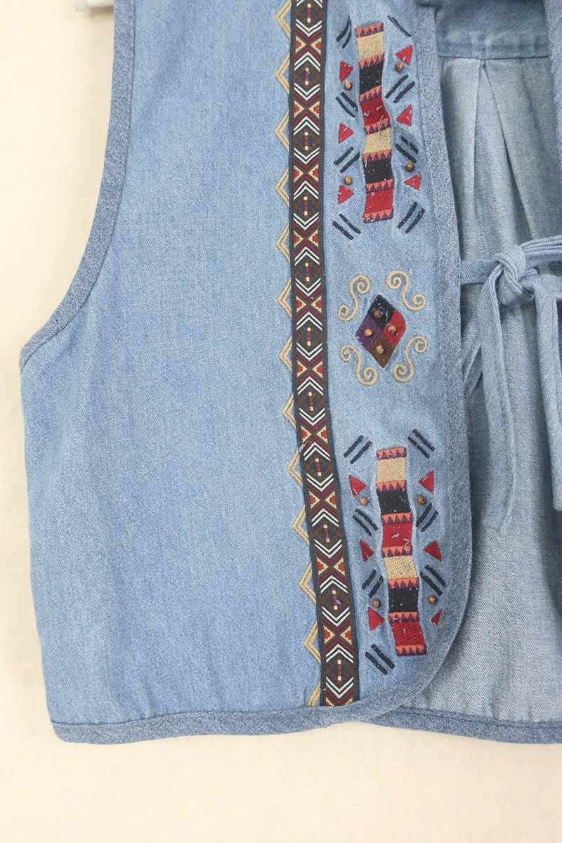 Willa Reclaimed Denim Waistcoat - Earthy Aztec Embroidery - Size L - Image 2