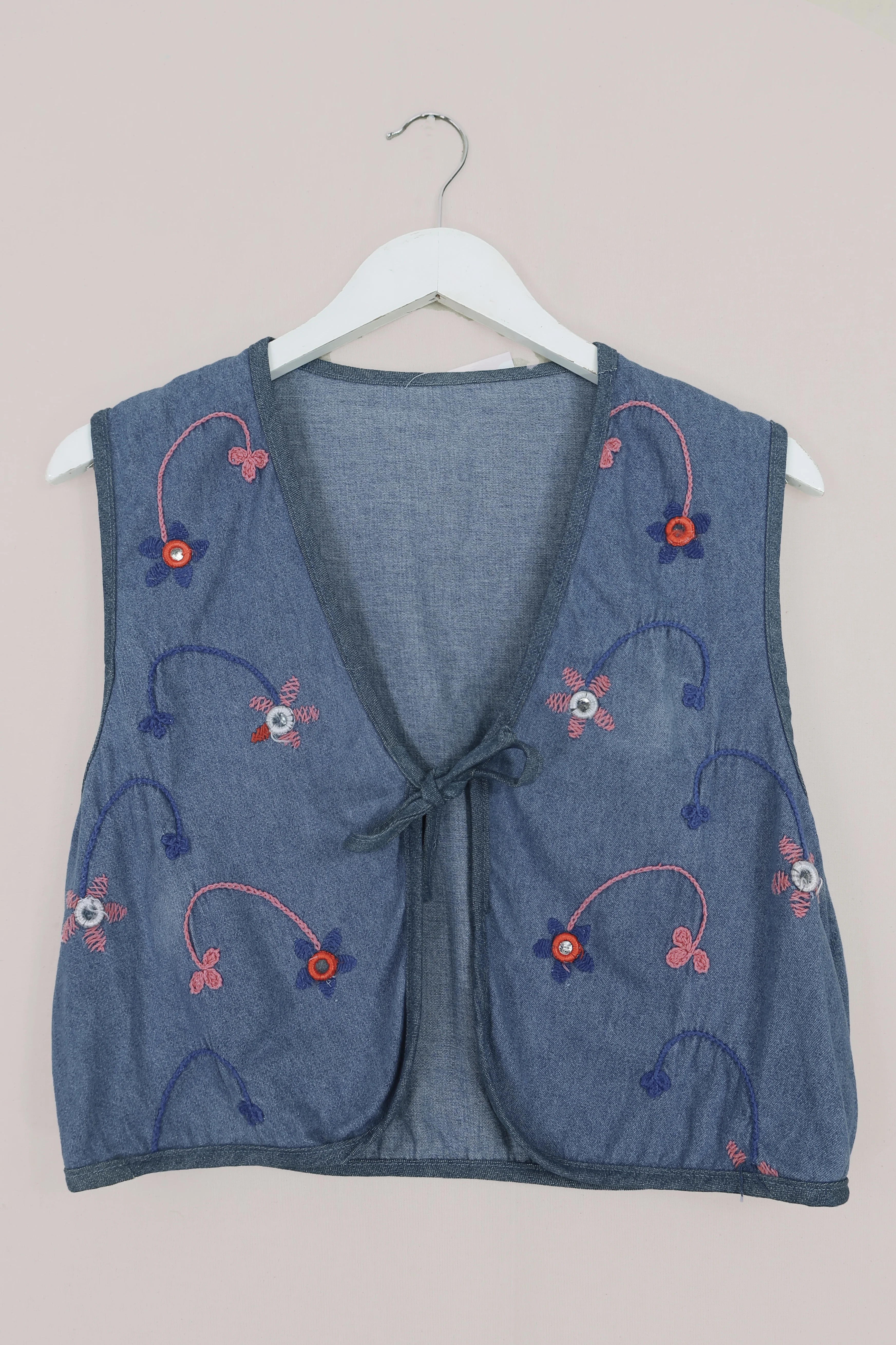 Willa Reclaimed Denim Waistcoat - Shisha Flower Embroidery - Size M