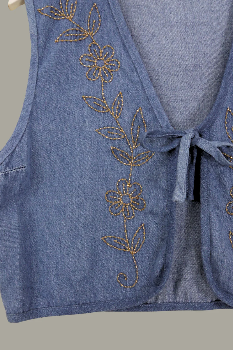 Willa Reclaimed Denim Waistcoat - Golden Beaded Buttercups - Size S/M - Image 2