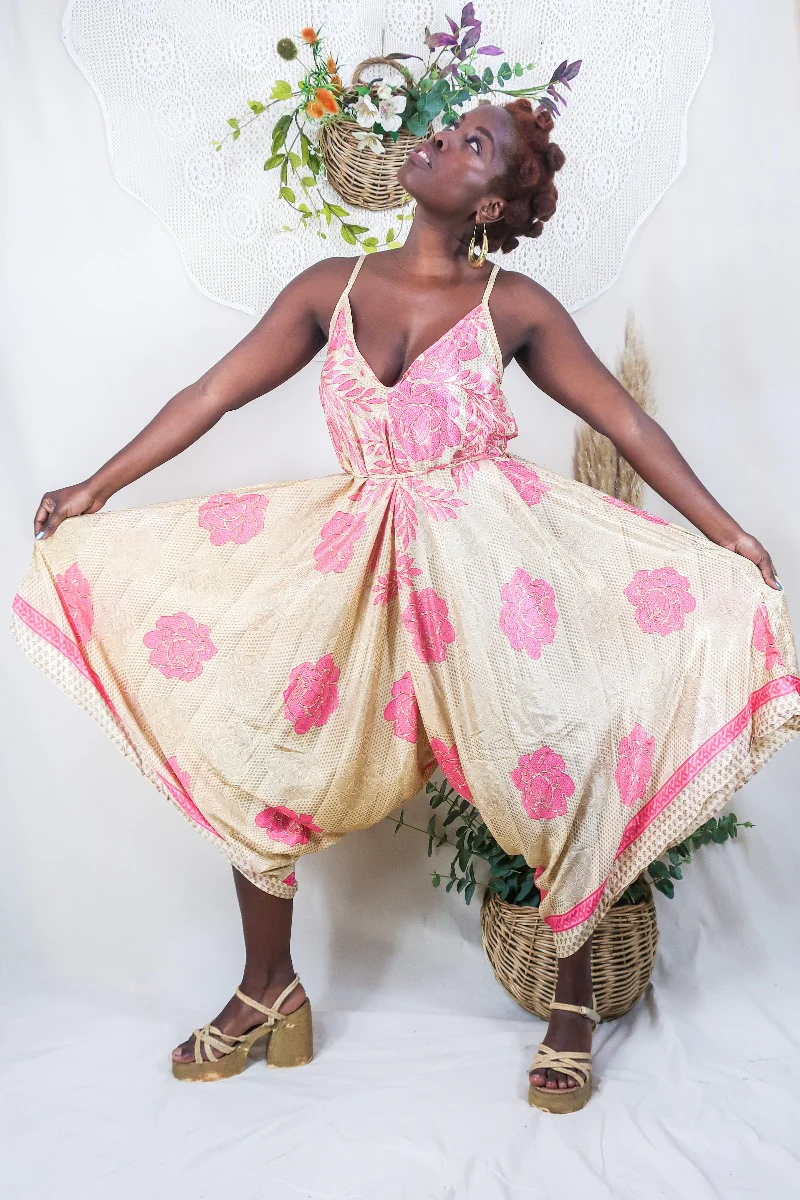 Winona Jumpsuit - Vintage Sari - Strawberry Pink & Cream Roses - S/M - Image 4