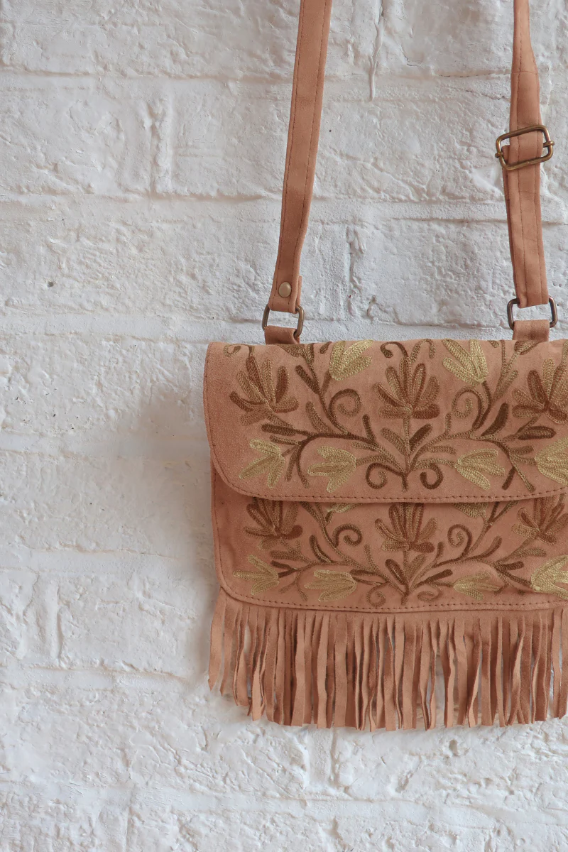 Zelda Embroidered Suede Saddle Bag in Camel & Dandelion Vines - Image 2